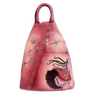 Hand-Painted Leather Triangle Red Backpack for Women, Top Handle Daypack Bag